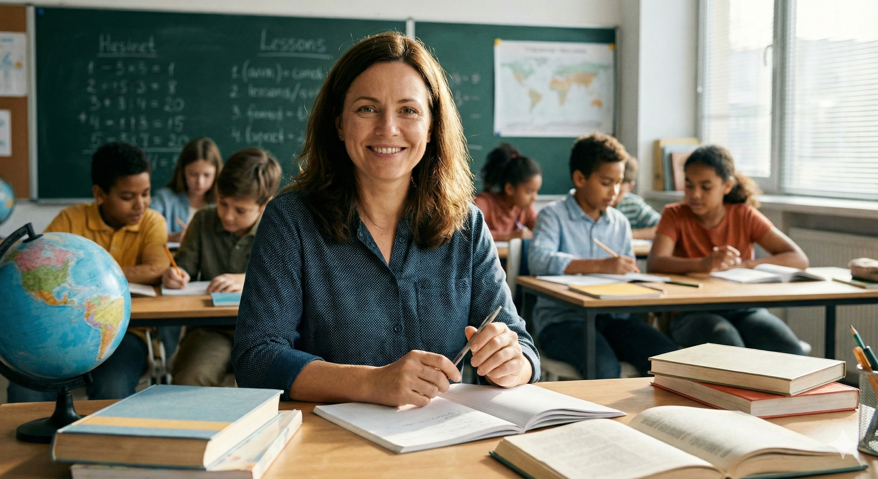 Retrato da realidade escolar: professora em sua mesa de trabalho na sala de aula, cercada por materiais didáticos. A imagem ilustra a rotina e a dedicação dos servidores que lutam pelo cumprimento do piso salarial